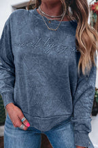 Sea Green saved by grace Letter Embroidery Mineral Wash Loose Sweatshirt