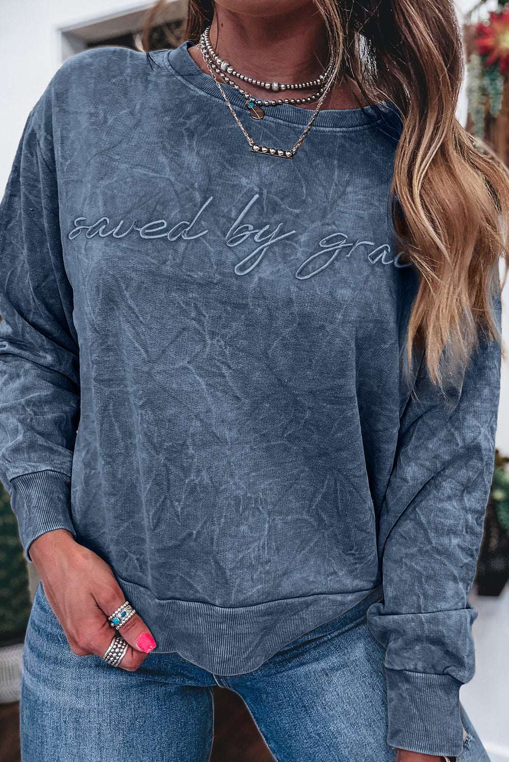 Sea Green saved by grace Letter Embroidery Mineral Wash Loose Sweatshirt