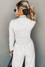 Light Grey Long Sleeve High Neck Slim Top Smocked Waist Central Seam Pants Set