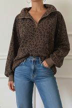 Brown Leopard Print Quarter Zip Corduroy Sweatshirt