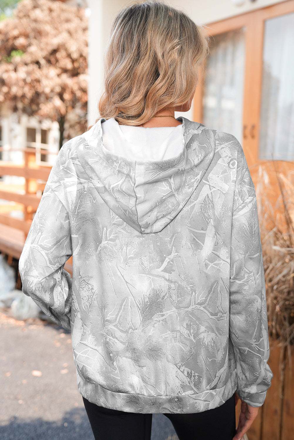 Beige Camouflage Plant Print Kangaroo Pocket Oversized Hoodie