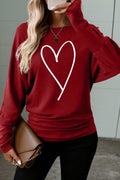 Red Dahlia heart-shaped print long sleeve top for Valentine's Day with round neck and pleated hem