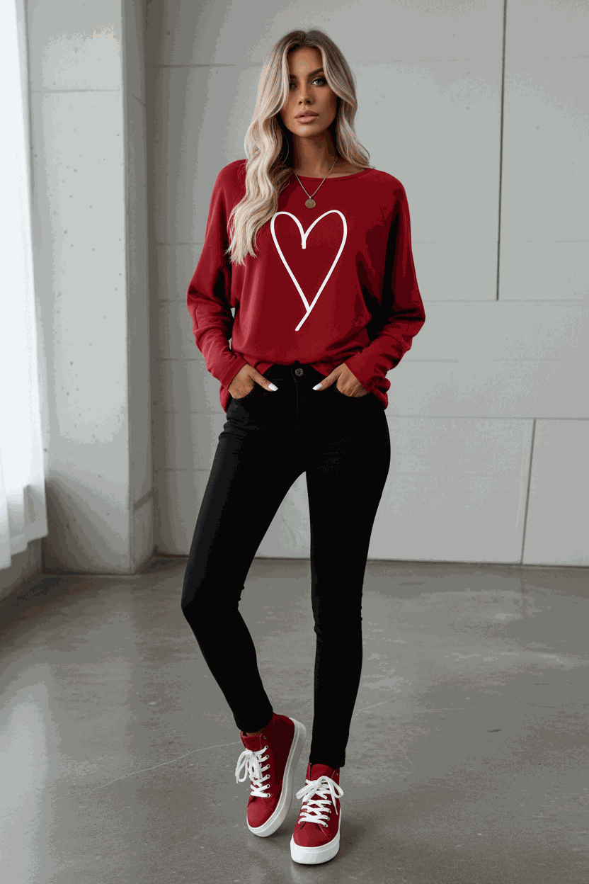 Red Dahlia Heart-shaped Print Valentines Day Long Sleeve Top