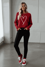 Red Dahlia Heart-shaped Print Valentines Day Long Sleeve Top