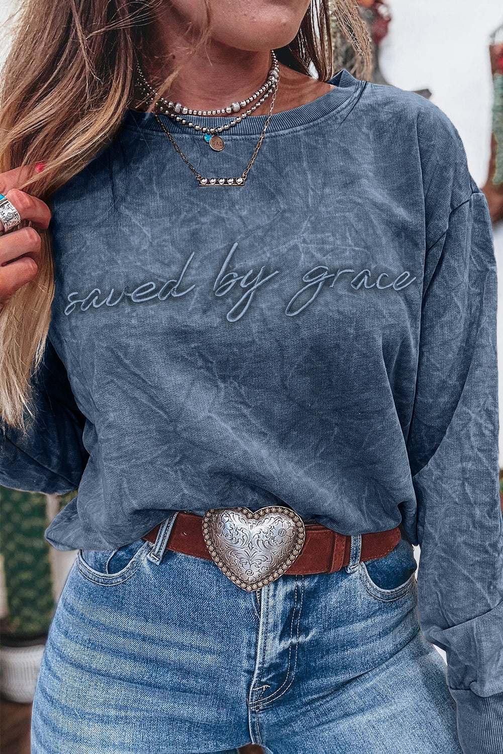 Sea Green saved by grace Letter Embroidery Mineral Wash Loose Sweatshirt