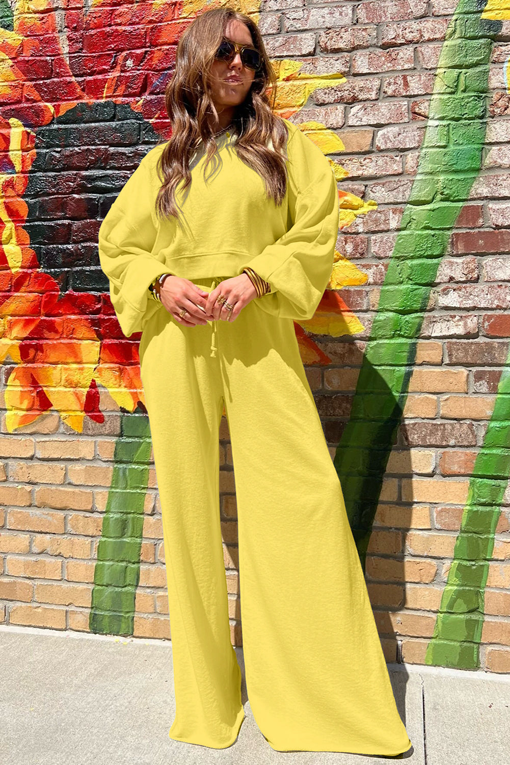 Yellow Cream Drop Shoulder Crop Pullover Drawstring Wide Leg Pants Set
