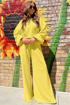 Yellow Cream Drop Shoulder Crop Pullover Drawstring Wide Leg Pants Set
