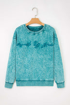 Sea Green saved by grace Letter Embroidery Mineral Wash Loose Sweatshirt
