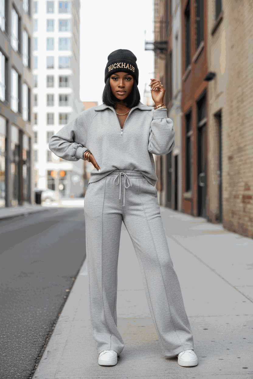 Woman wearing light grey polo collar V-neck pullover and drawstring sweatpants set in urban street setting