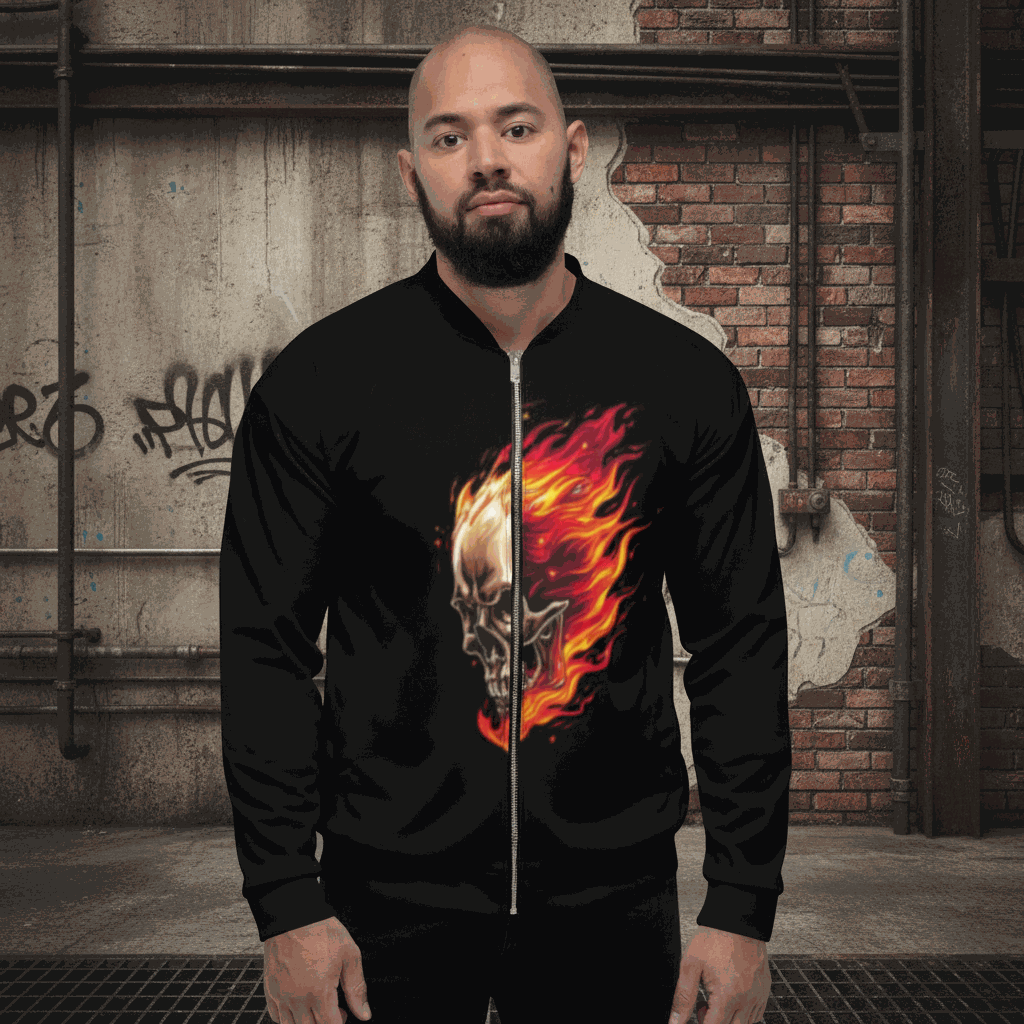 Black flaming skull design on unisex black zip-up bomber jacket with brushed fleece lining