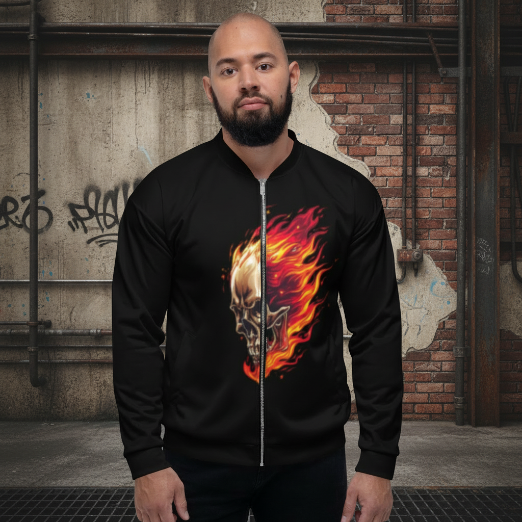 Black Flaming Skull Zip Up Unisex Bomber Jacket