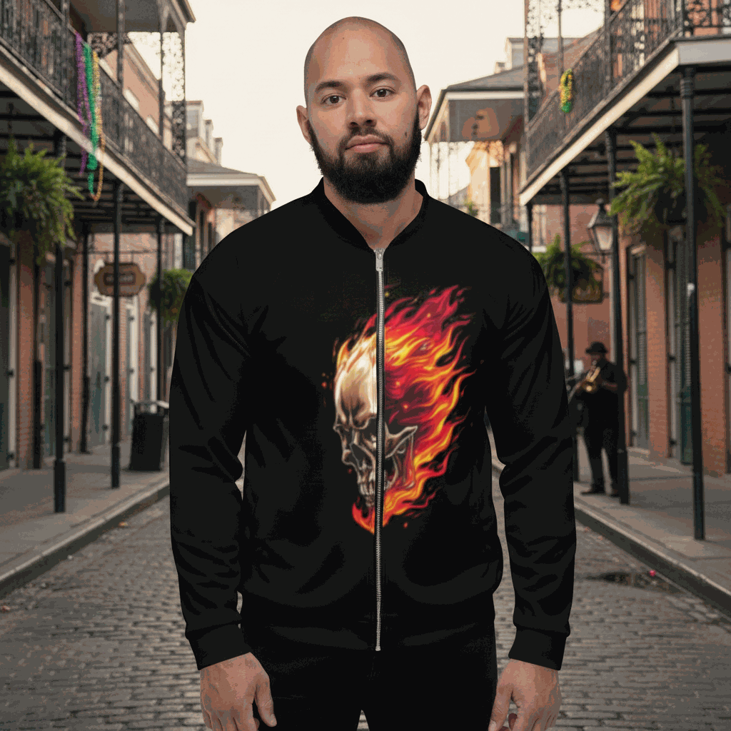 Black Flaming Skull Zip Up Unisex Bomber Jacket