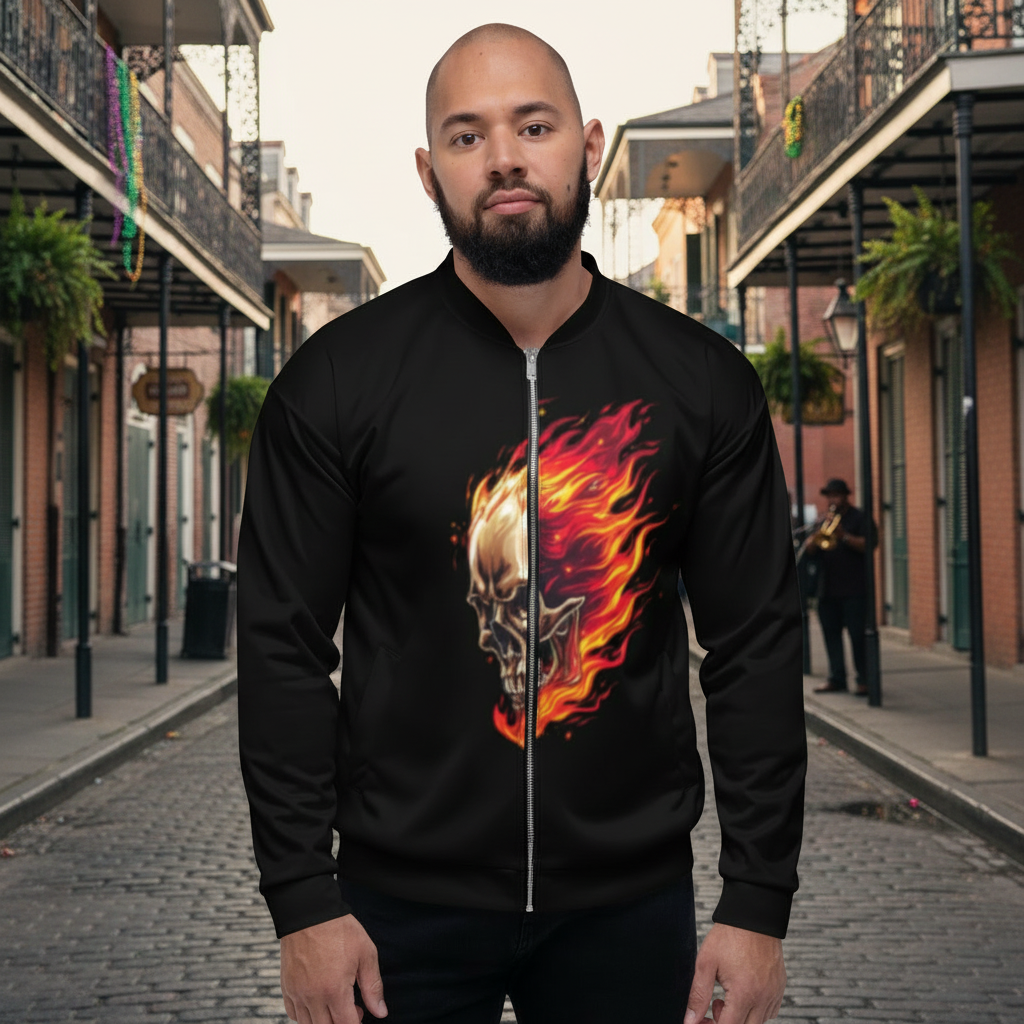 Black Flaming Skull Zip Up Unisex Bomber Jacket