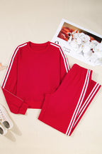Fiery Red Varsity Striped Detail Cropped Pullover Wide Leg Pants 2pcs Outfit