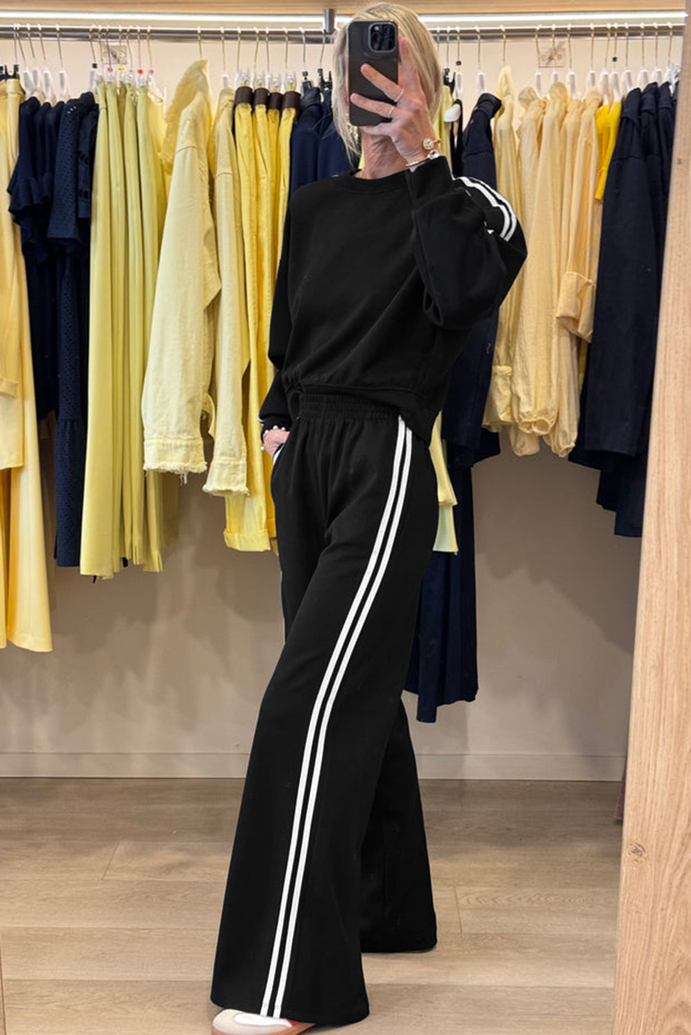 Black Varsity Striped Detail Cropped Pullover Wide Leg Pants 2pcs Outfit
