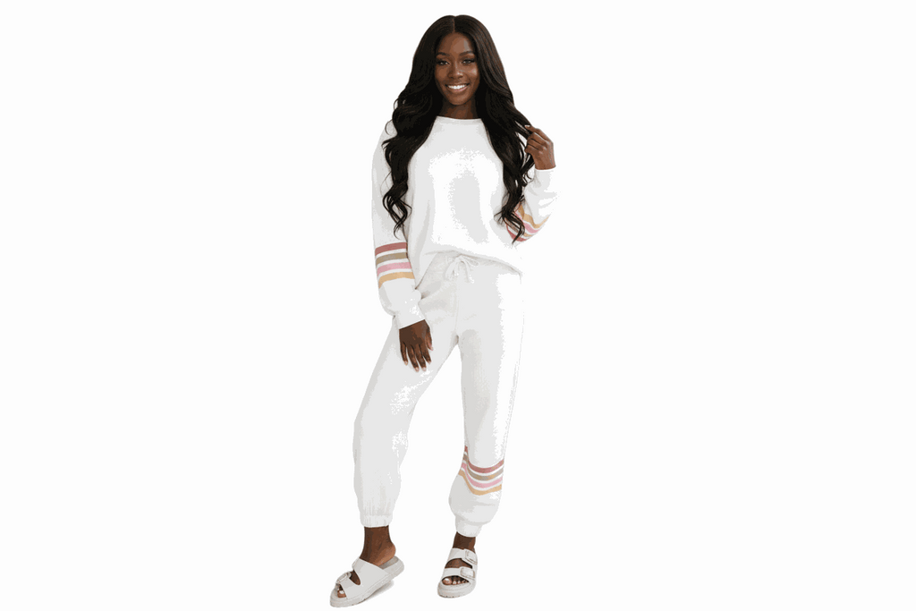 Beige Striped Drop Shoulder Pullover and Jogger Pants Active Outfit