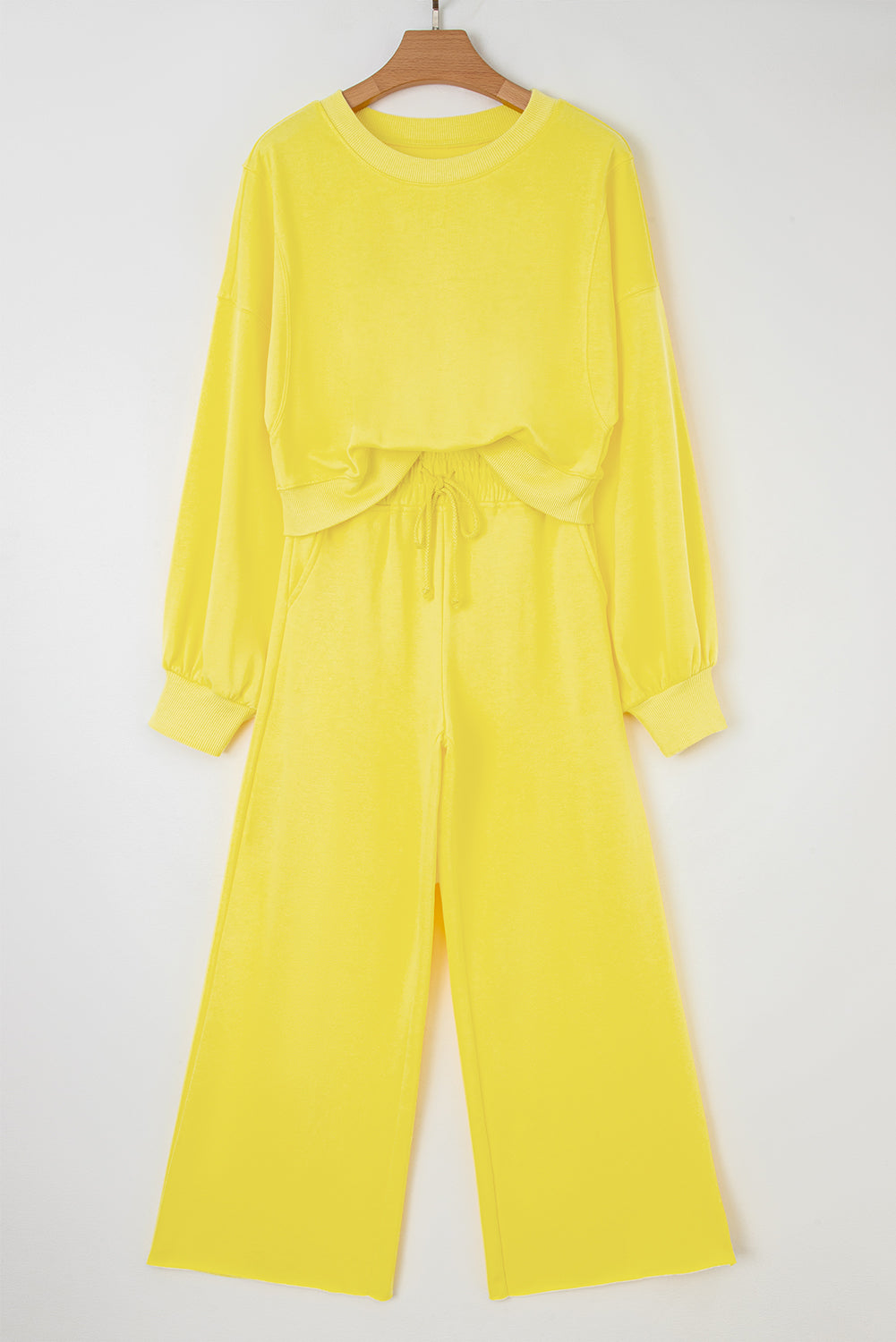 Yellow Cream Drop Shoulder Crop Pullover Drawstring Wide Leg Pants Set