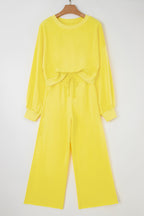 Yellow Cream Drop Shoulder Crop Pullover Drawstring Wide Leg Pants Set