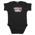 Black "Daddy's Girl" infant bodysuit with pink and white lettering and heart design, soft cotton baby onesie with lap shoulders and snap closure