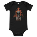 Black baby one piece with flaming skull and BH print, short sleeve, cotton, unisex Flaming Skull BH Baby romper