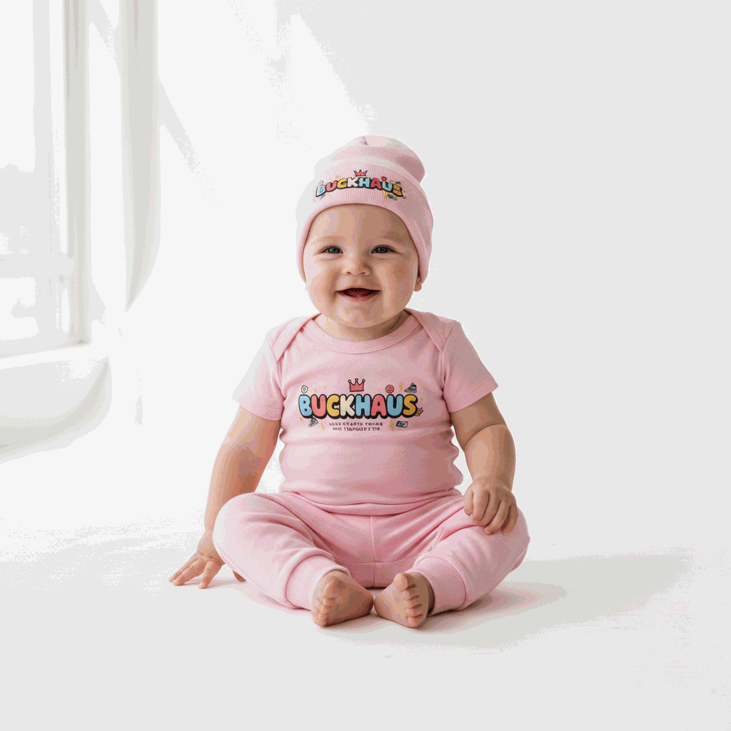 Baby wearing pink Buckhaus Mini Trendsetter short sleeve one piece and matching hat, sitting and smiling against a bright background