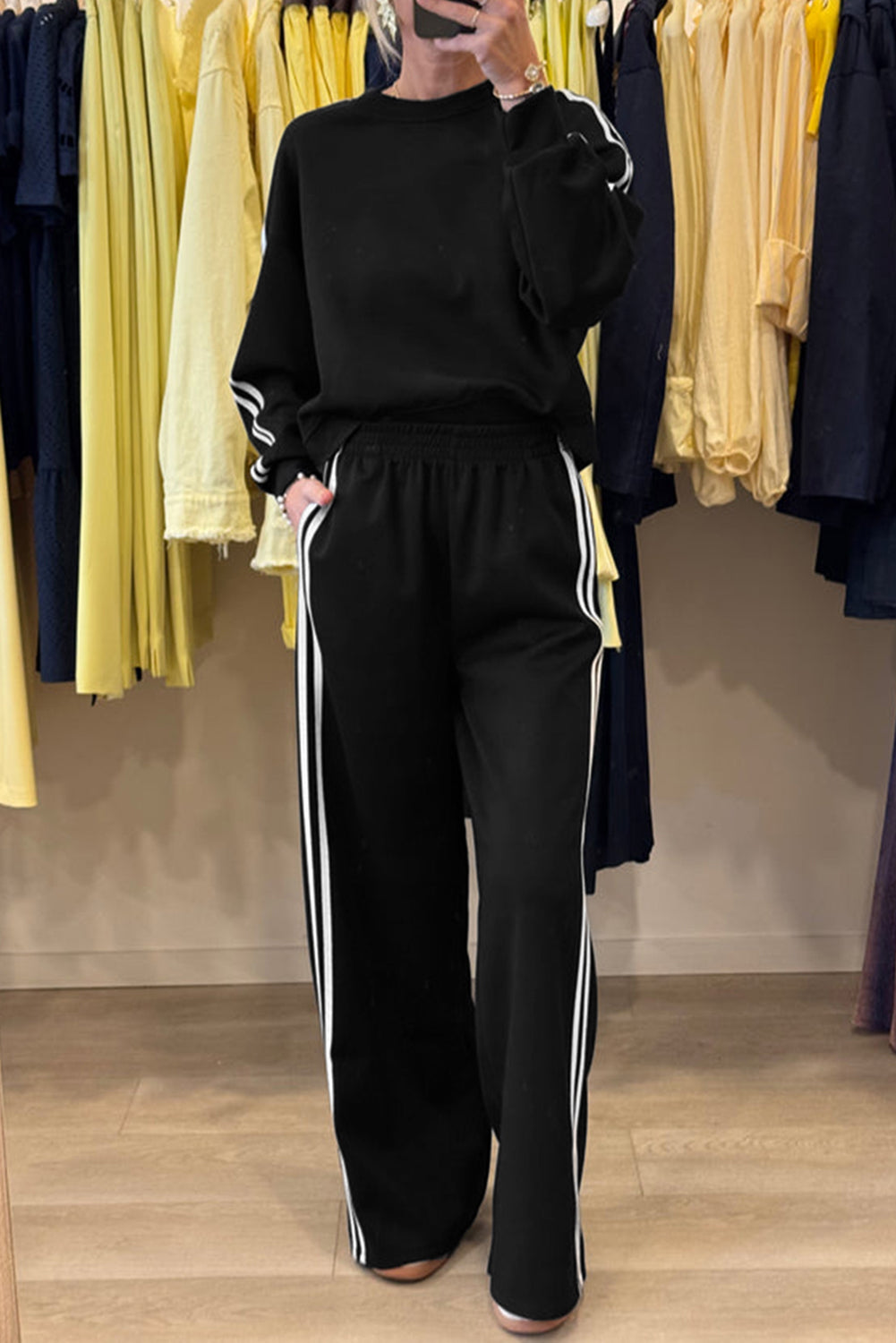Black varsity striped detail cropped pullover with wide leg pants 2pcs athleisure outfit