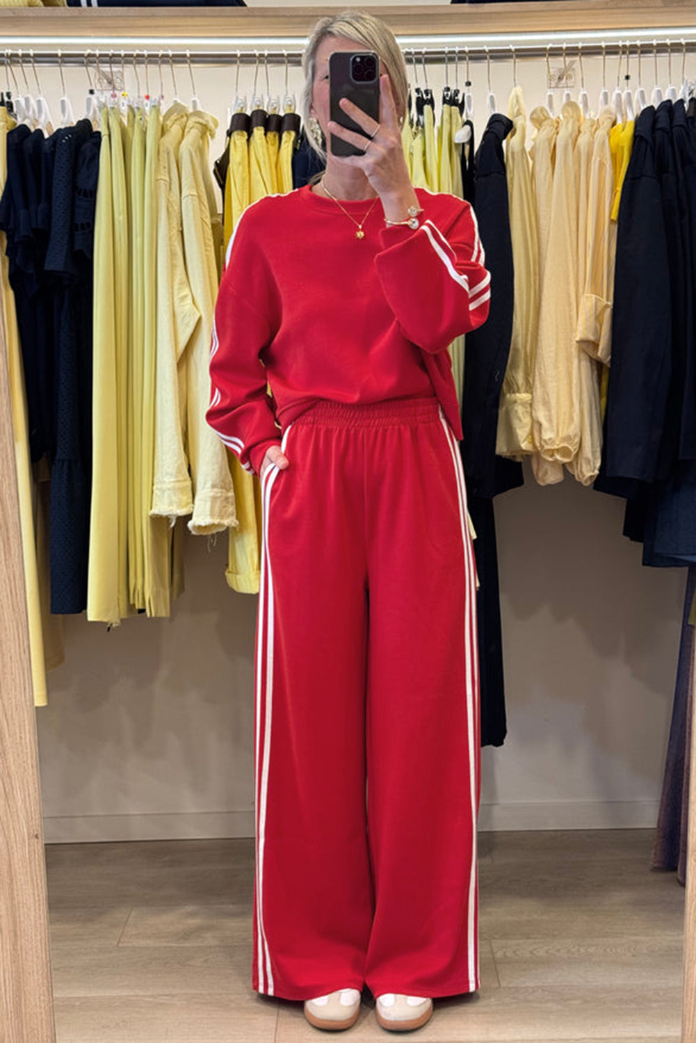 Fiery Red Varsity Striped Detail Cropped Pullover Wide Leg Pants 2pcs Outfit