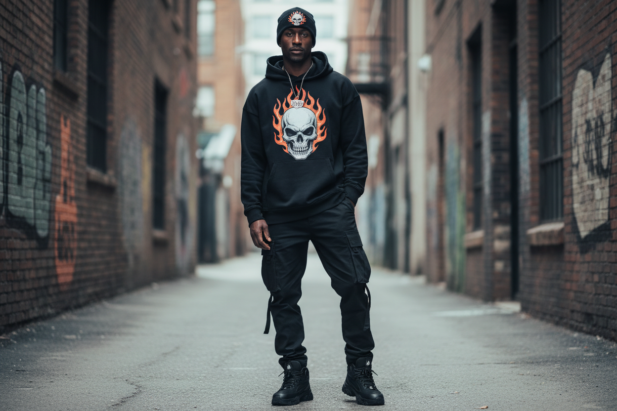 black male tall slinder 6'3 bald head 37 with wearing buckhaus apparel with beanie flaming skull and matching hoodie
