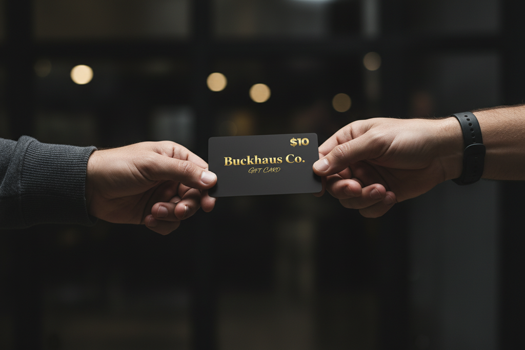 Buckhaus Co Digital Gift Card $10 black card held between two hands with blurred background