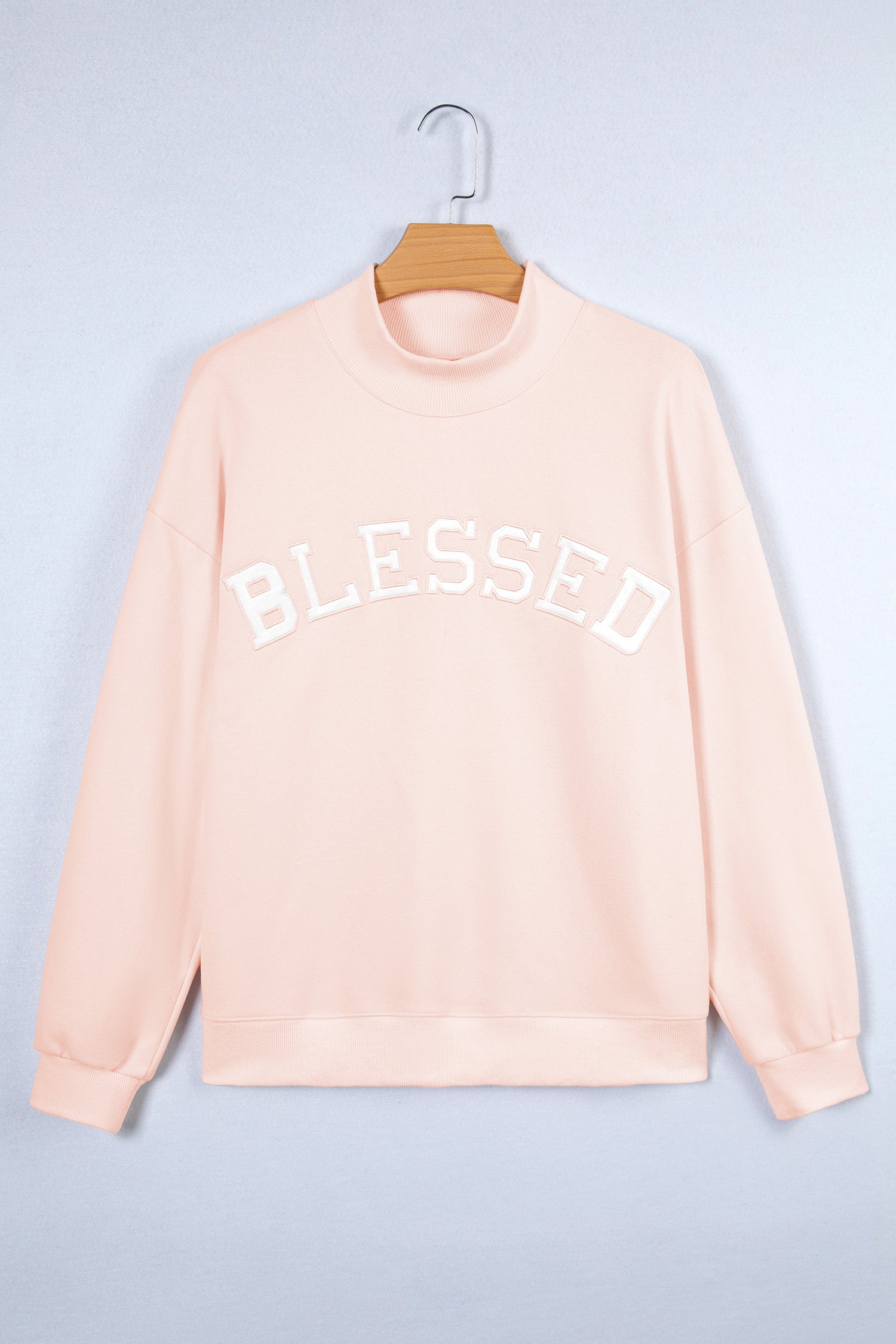 Light Pink Oversize Blessed Embroidered Mock Neck Sweatshirt