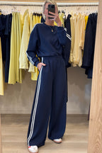 Dirty Blue Varsity Striped Detail Cropped Pullover Wide Leg Pants 2pcs Outfit
