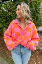 Sachet Pink Checkered Colorblock Long Sleeve Pullover Sweater