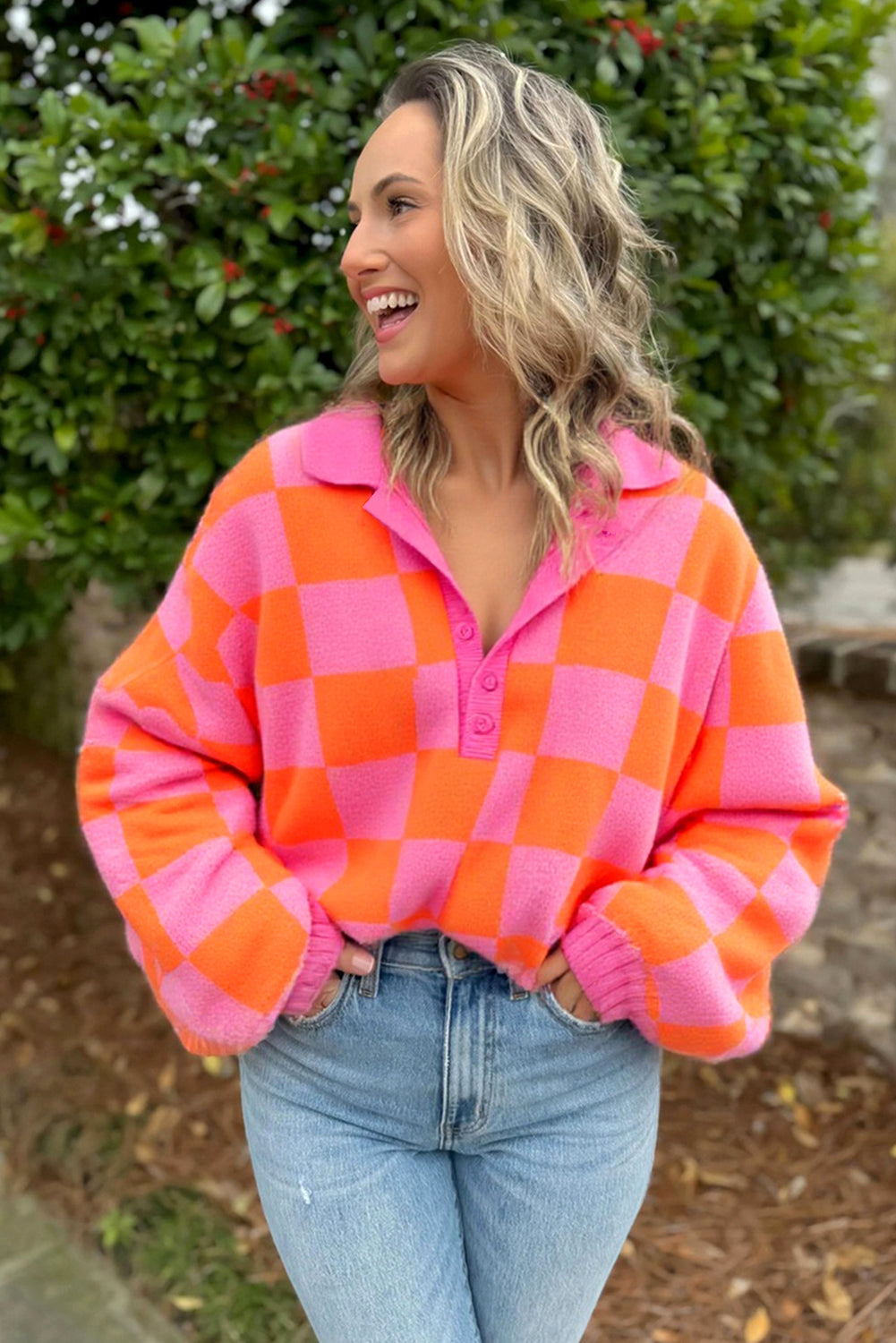 Sachet Pink Checkered Colorblock Long Sleeve Pullover Sweater