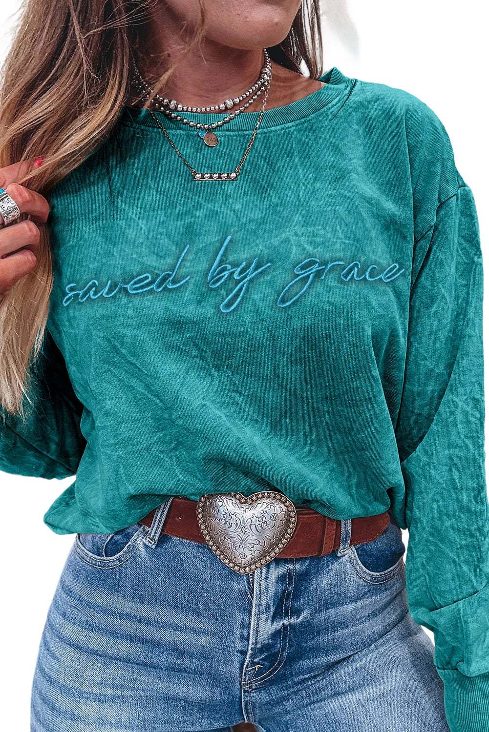 Sea Green saved by grace Letter Embroidery Mineral Wash Loose Sweatshirt