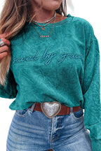 Sea Green saved by grace Letter Embroidery Mineral Wash Loose Sweatshirt