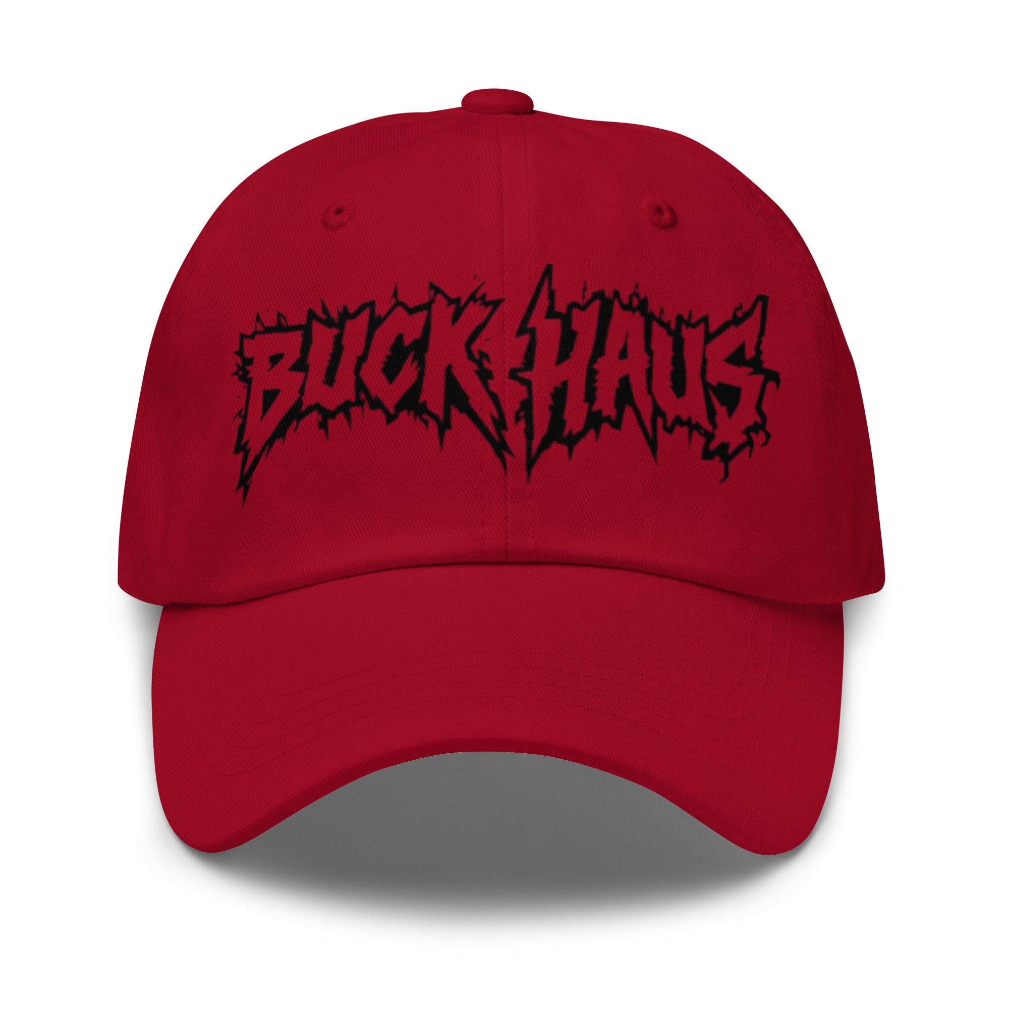Red Buckhaus Print Dad hat with black embroidered logo and adjustable strap