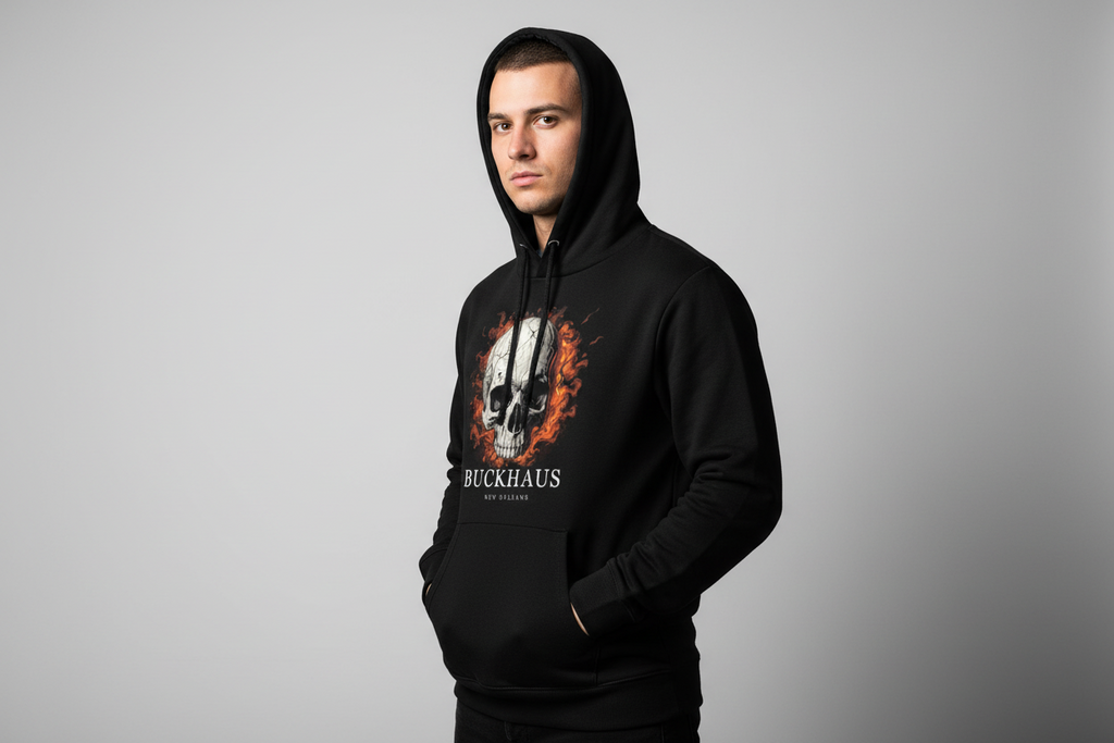 Man wearing Buckhaus black hoodie with cracked flaming skull design and front pouch pocket