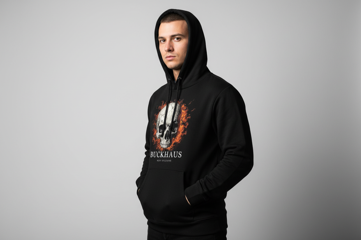 Man wearing Buckhaus black hoodie with cracked flaming skull design and front pouch pocket