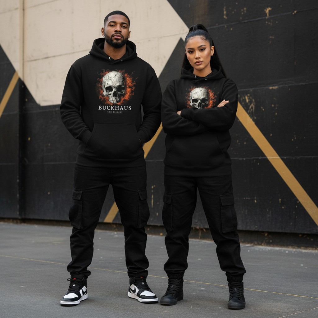 Cracked Flaming Skull Buckhaus Unisex Hoodie