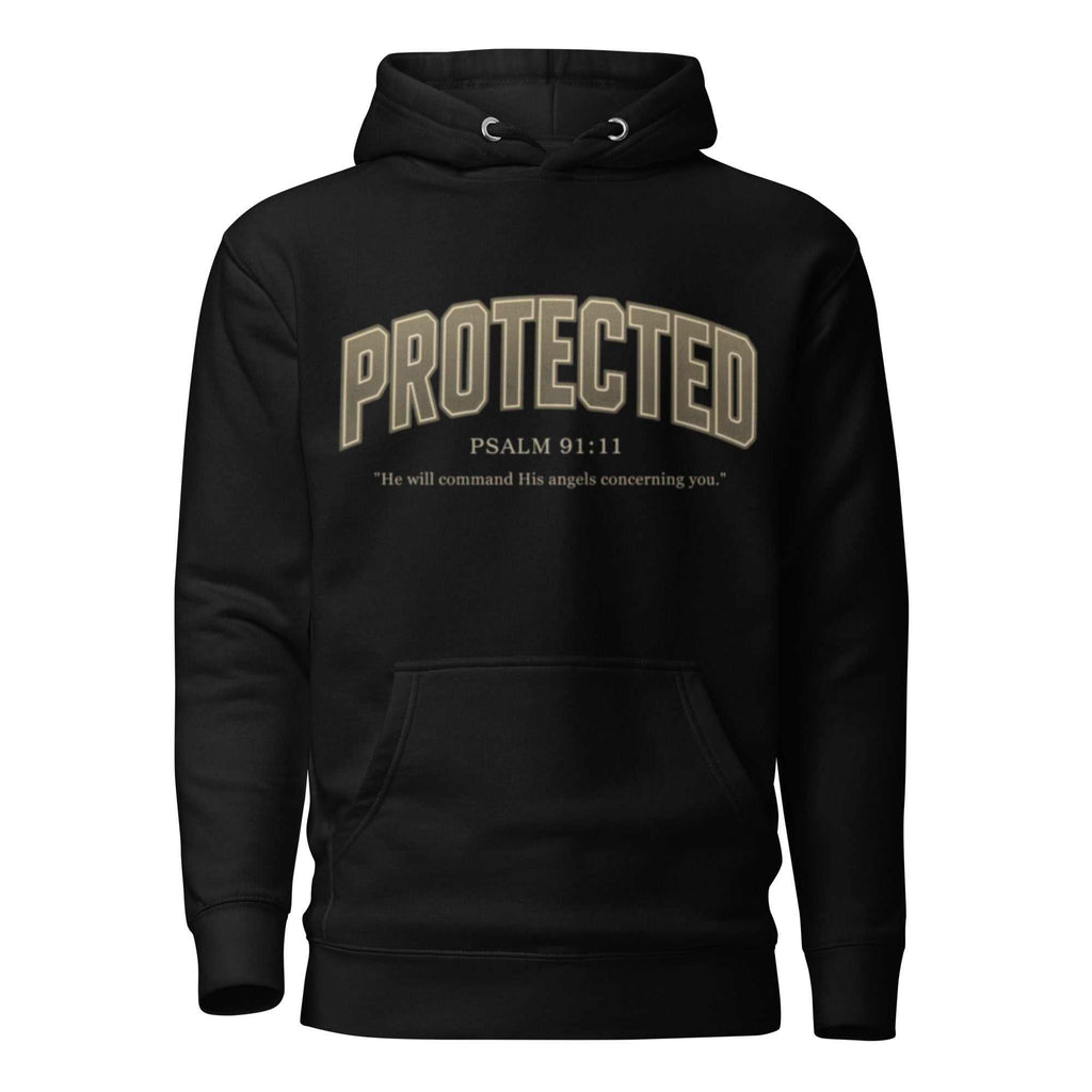 Black Protected Unisex Hoodie with front pouch pocket and Psalm 91:11 print
