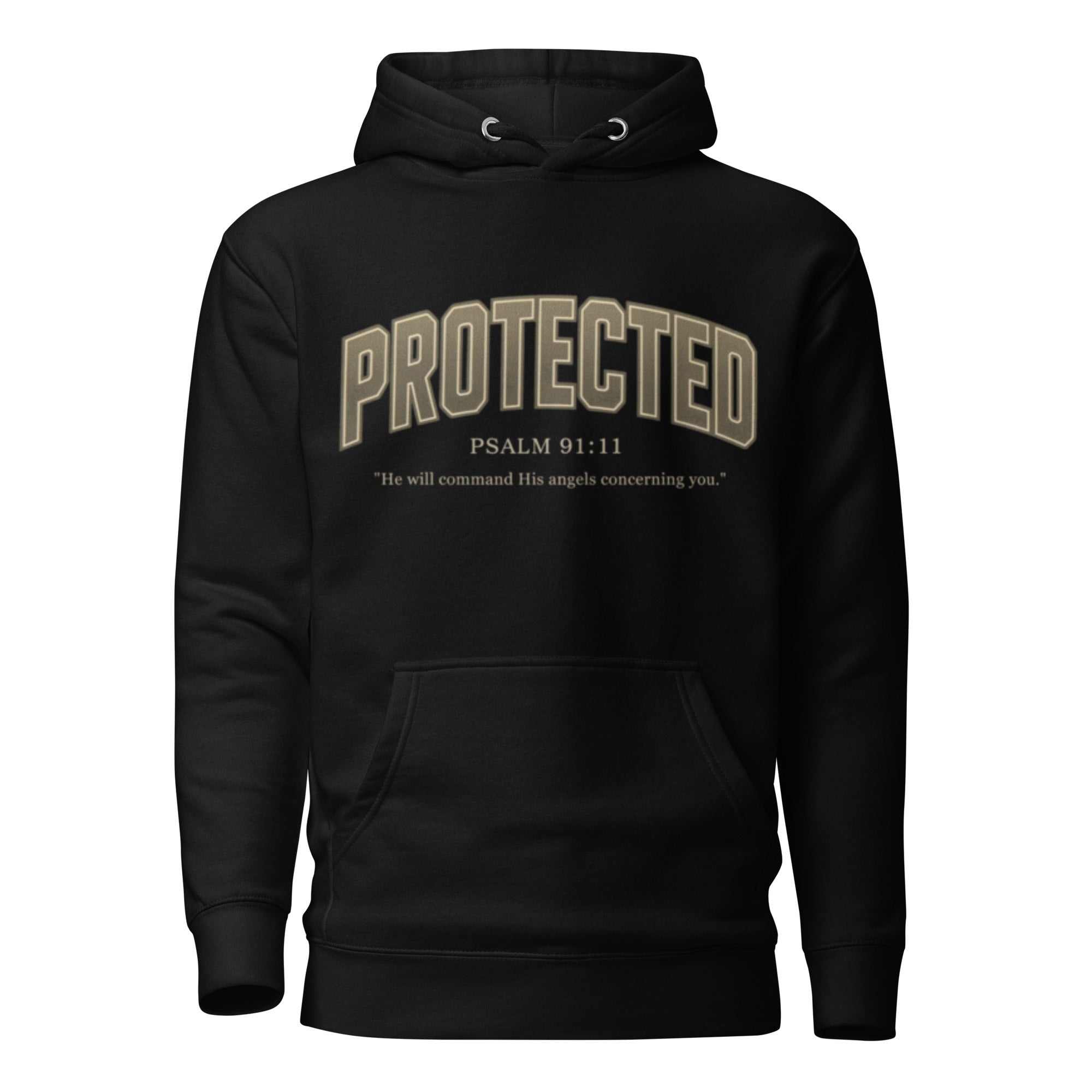 Black Protected Unisex Hoodie with front pouch pocket and Psalm 91:11 print