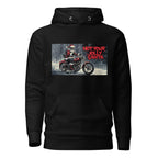 Black hoodie with Not Your Jolly Santa graphic of Santa riding a motorcycle, front pouch pocket, and warm hood.