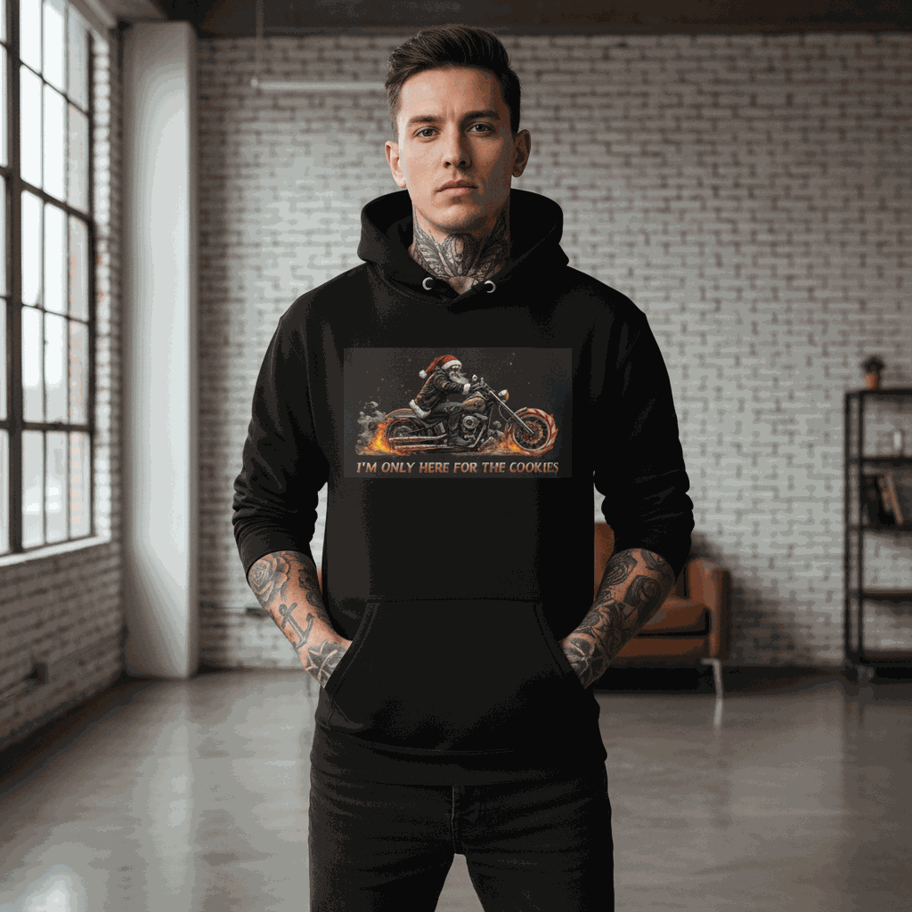 Black unisex hoodie with "I'm Only Here For the Cookies" motorcycle print, front pouch pocket, and warm hood.