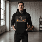 Black unisex hoodie with "I'm Only Here For the Cookies" motorcycle print, front pouch pocket, and warm hood.