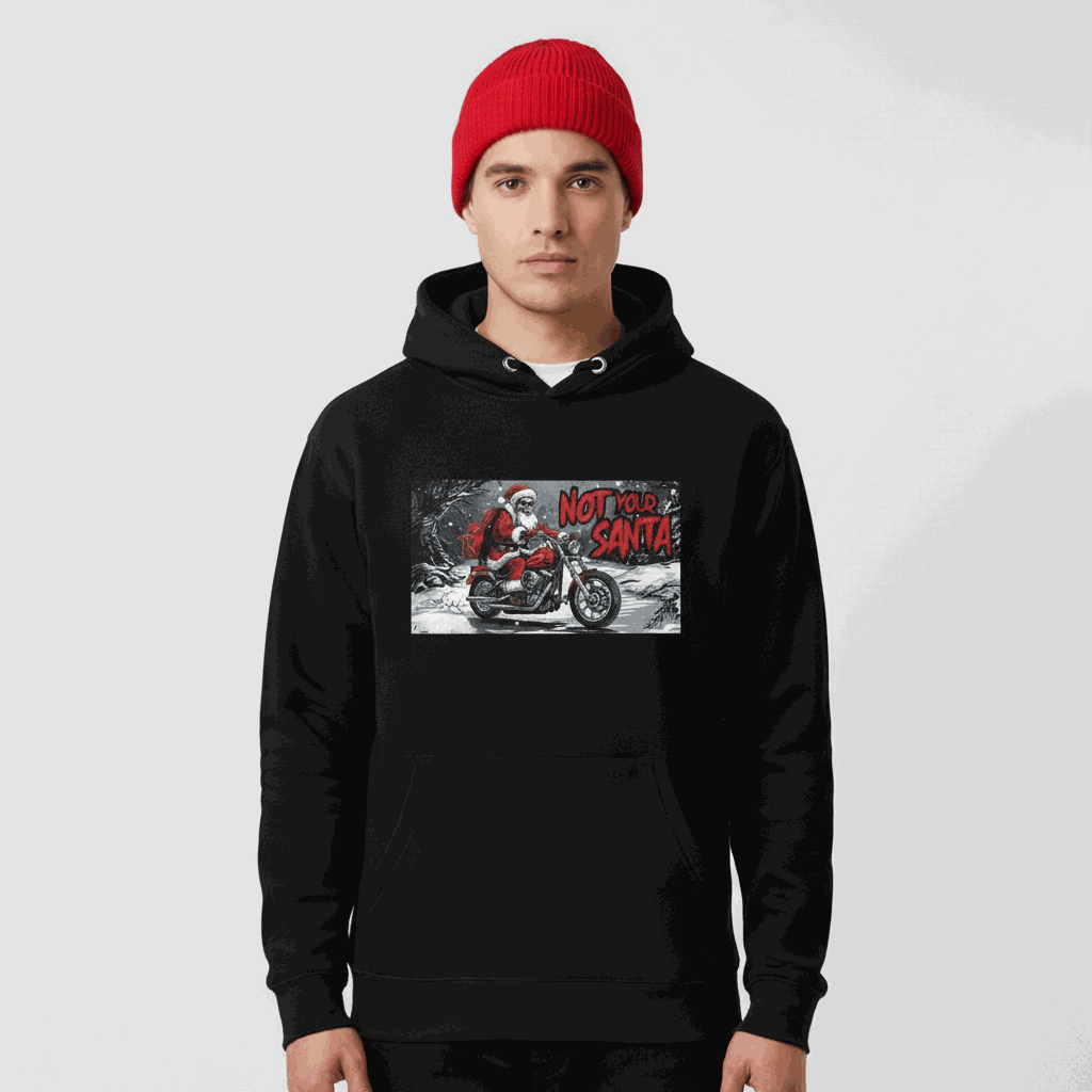 Black Not Your Santa Hoodie with front pouch pocket and motorcycle Santa design, worn by man with red beanie