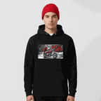 Black Not Your Santa Hoodie with front pouch pocket and motorcycle Santa design, worn by man with red beanie
