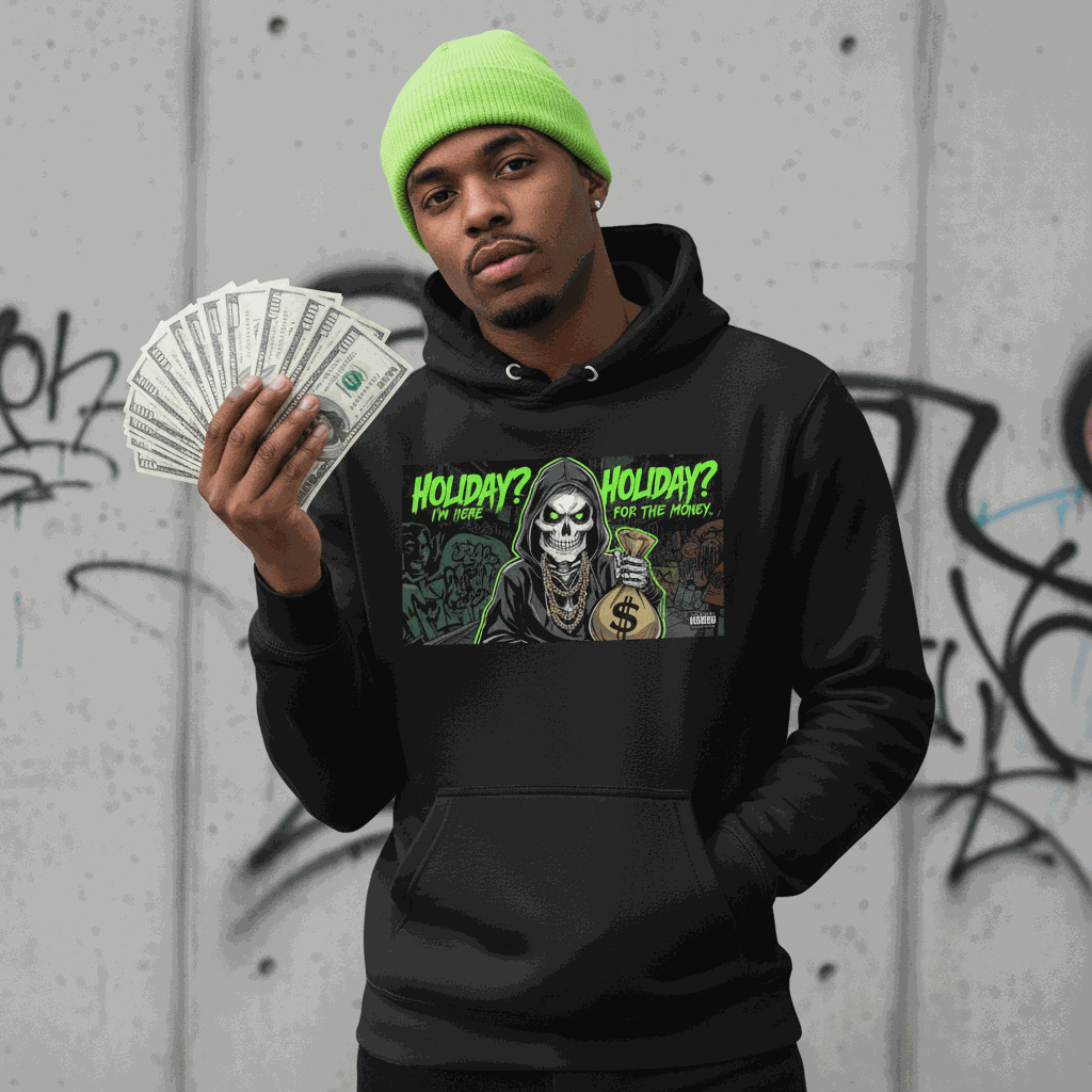 Man wearing black Holiday? I'm Here For the Money Hoodie holding cash with graffiti background