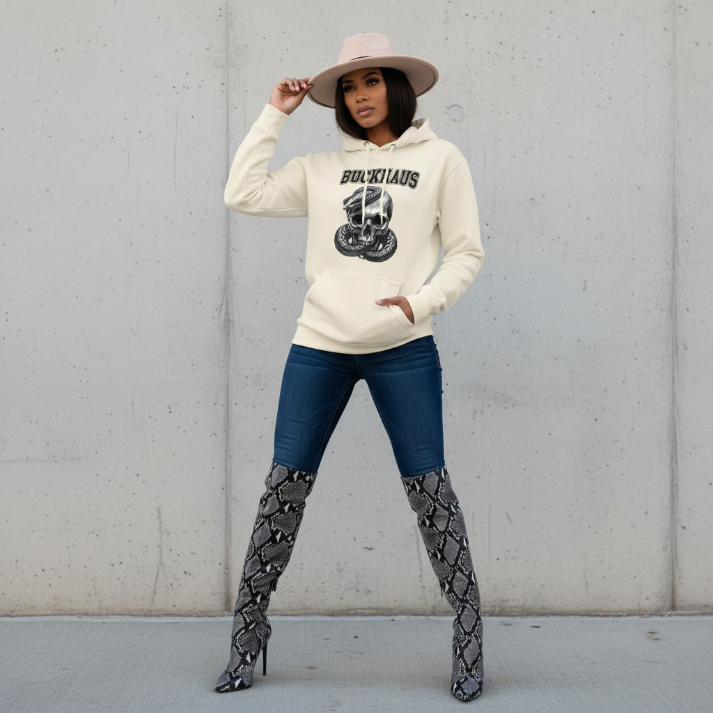 Woman wearing snake on skull hoodie with front pouch pocket and 3-panel hood in beige color