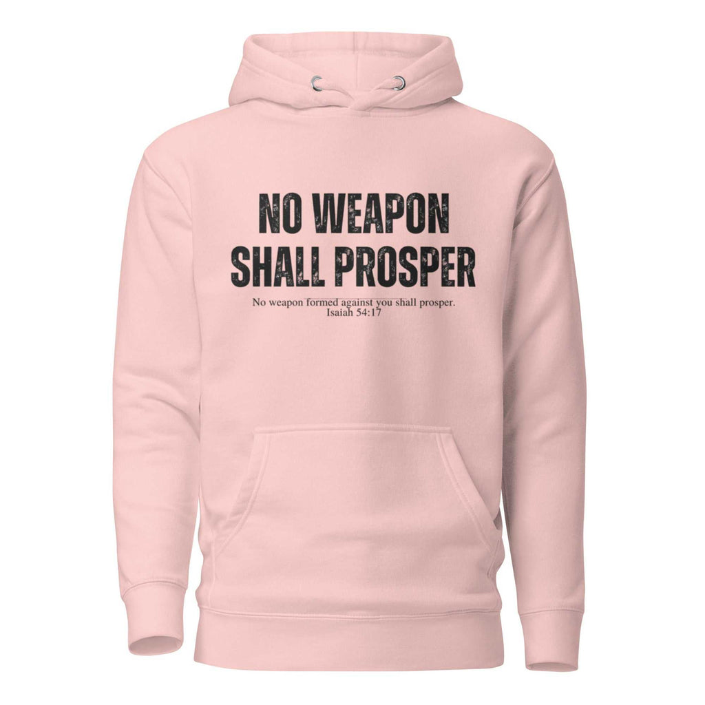 Pink unisex hoodie with "No Weapon Shall Prosper" text and front pouch pocket