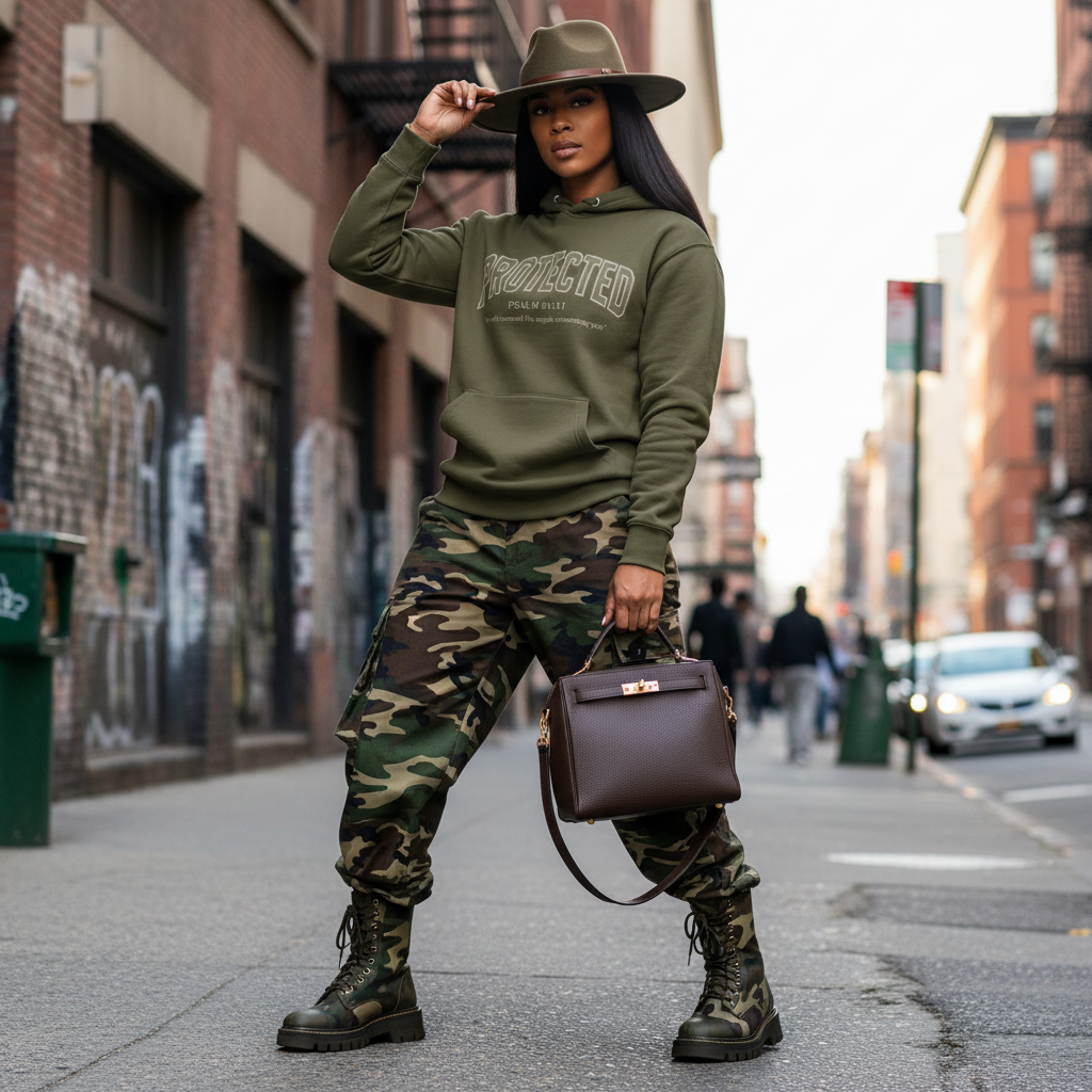Woman wearing olive Protected Unisex Hoodie with camouflage pants and hat on city street